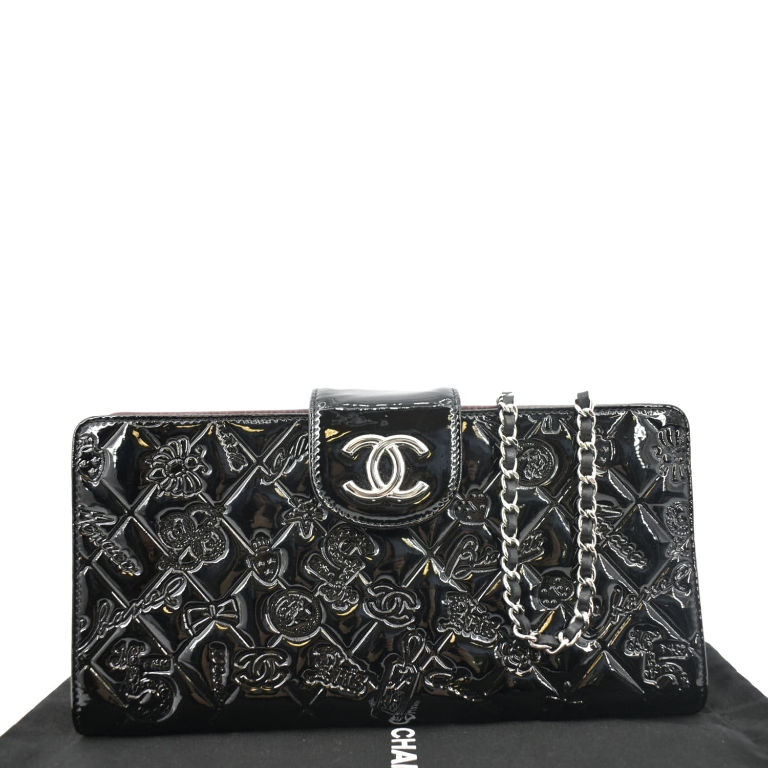 CHANEL Lucky Symbols Pochette Patent Leather Wallet on a Chain Black