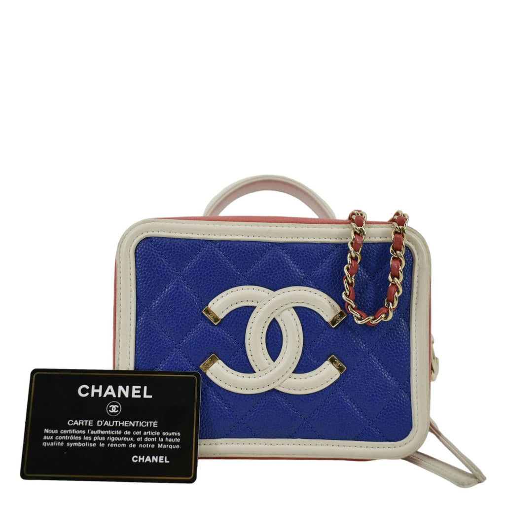 CHANEL Filigree Quilted Caviar Leather Top Handle Vanity Case Blue