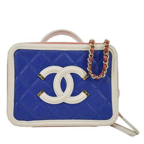 CHANEL Filigree Quilted Caviar Leather Top Handle Vanity Case Blue