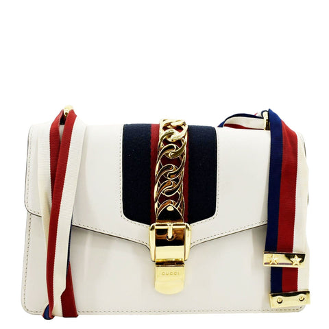 Gucci Sylvie Small Web Leather Shoulder Bag White 421882