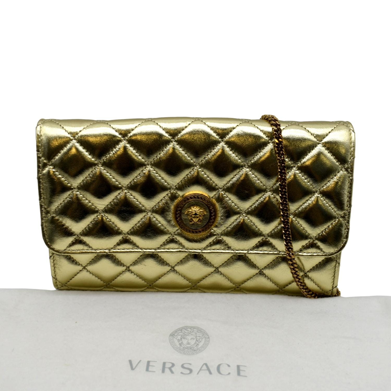VERSACE Medusa Wallet On Chain Metallic Leather Crossbody Bag Gold