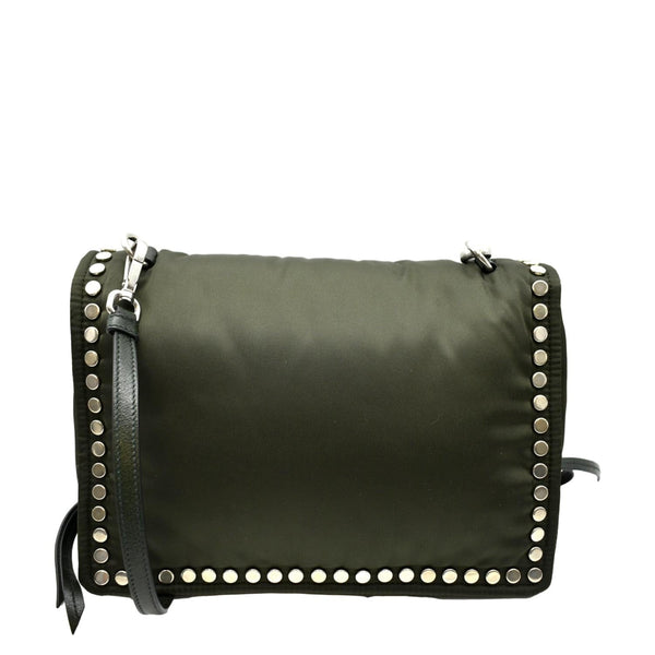 PRADA Tessuto Studded Etiquette Nylon Shoulder Bag Olive Green