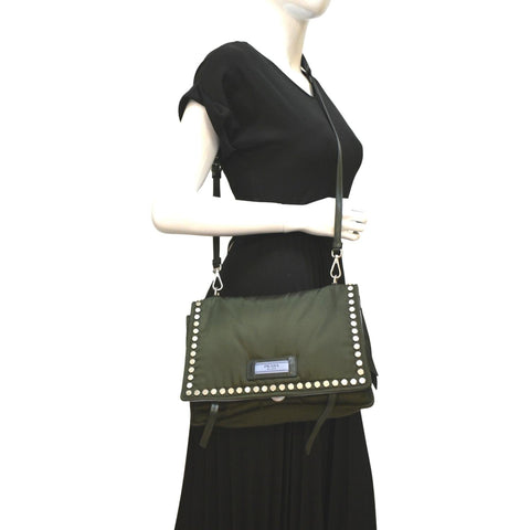 PRADA Tessuto Studded Etiquette Nylon Shoulder Bag Olive Green