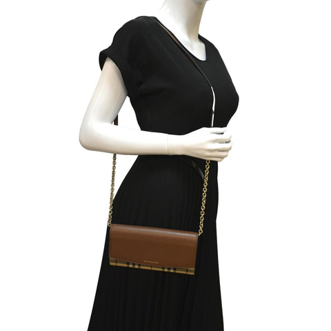 BURBERRY Henley House Check Leather Wallet On Chain Crossbody Bag Brown