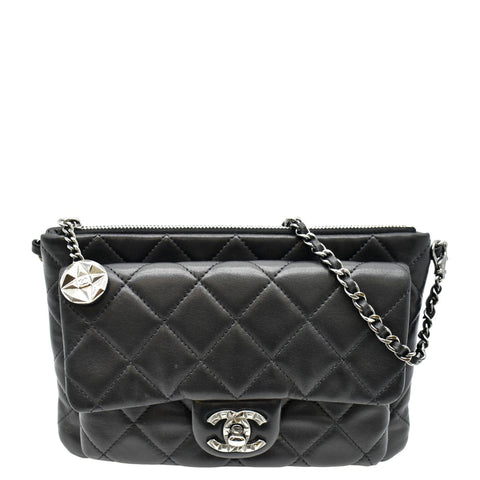 CHANEL Classic Flap with Zip Pocket Quilted Leather Satchel Shoulder Bag Black