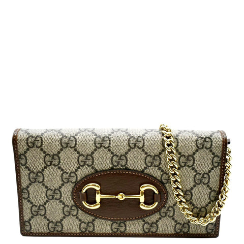 GUCCI Horsebit 1955 GG Supreme Canvas Crossbody Chain Wallet Beige 621392