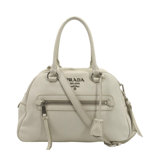 PRADA Front Pocket Leather Tote Shoulder Bag Ivory