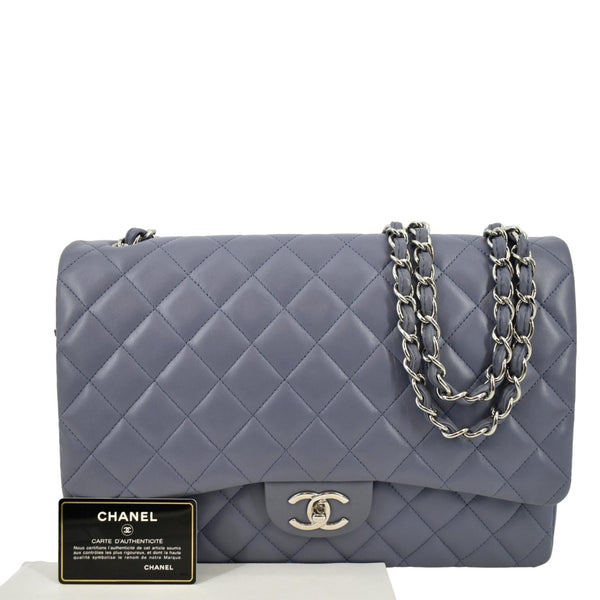CHANEL Classic Maxi Double Flap Quilted Lambskin Leather Shoulder Bag Light Purple