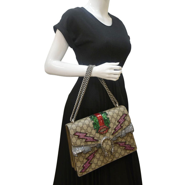 GUCCI Dionysus Medium GG Supreme Embroidered Sequin Shoulder Bag Beige 400235