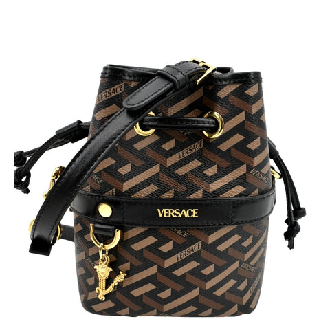 VERSACE La Greca Signature Mini Coated Canvas Bucket Shoulder Bag Black