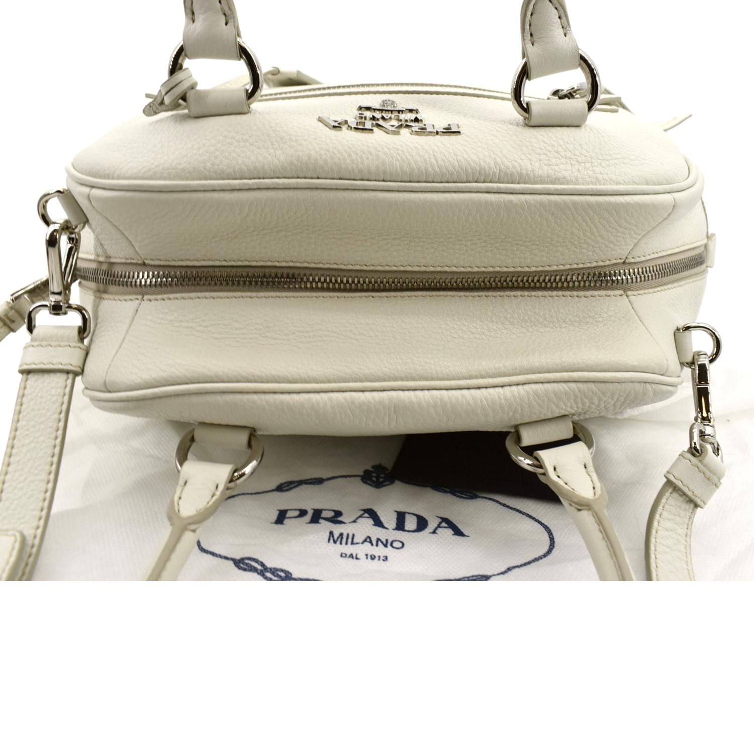 PRADA Front Pocket Leather Tote Shoulder Bag Ivory