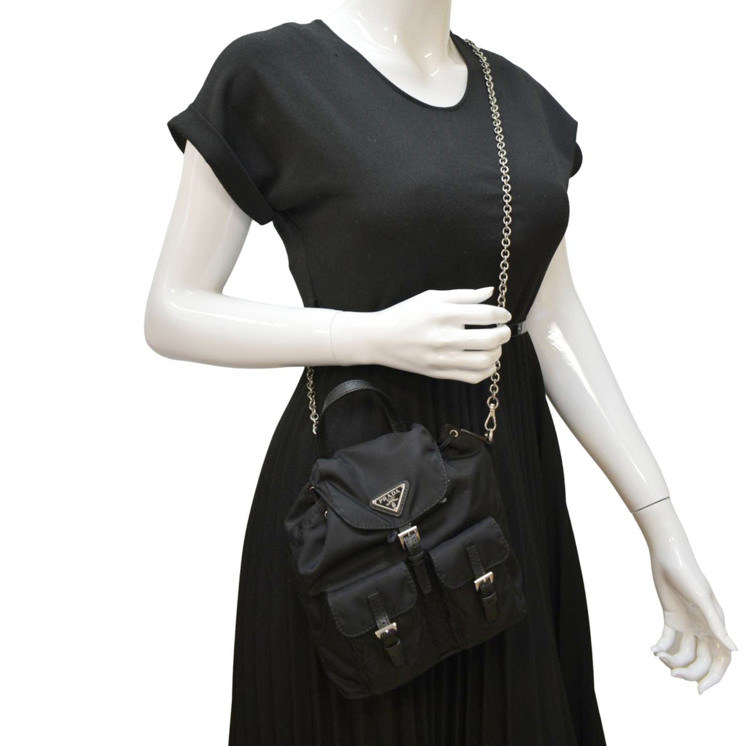 fake prada mini backpack with chain PRADA Double Pocket Mini Nylon Backpack Shoulder Bag Black