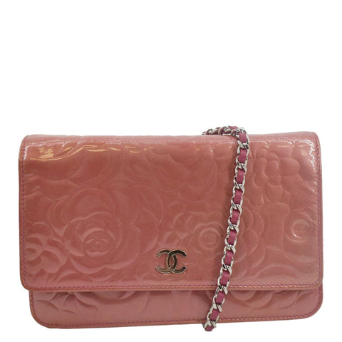 CHANEL Camellia Wallet On Chain Leather Crossbody Bag Pink
