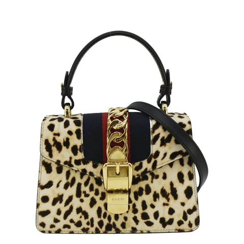 GUCCI Leopard Print Sylvie Mini Calf Hair Top Handle Shoulder Bag Beige 470270