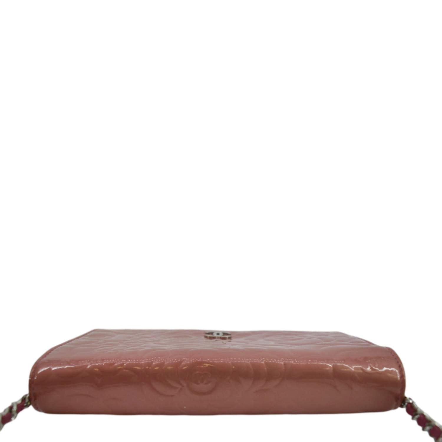 Chanel Clutch Lambskin Camellia Embossed Pink Wallet On A Chain C61