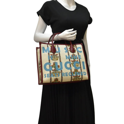 GUCCI 100 Centennial Music Small Jacquard Canvas Tote Bag Ivory 659983