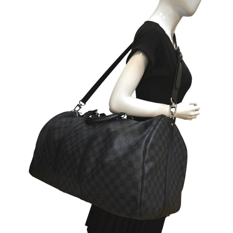 LOUIS VUITTON Keepall 55 Damier Graphite Bandouliere Travel Bag Black