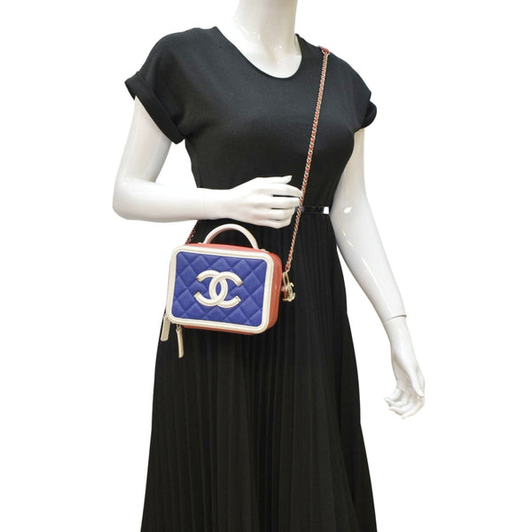 CHANEL Filigree Quilted Caviar Leather Top Handle Vanity Case Blue