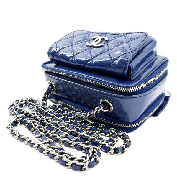 CHANEL Small Pocket Box Quilted Patent Leather Crossbody Camera Bag Blue