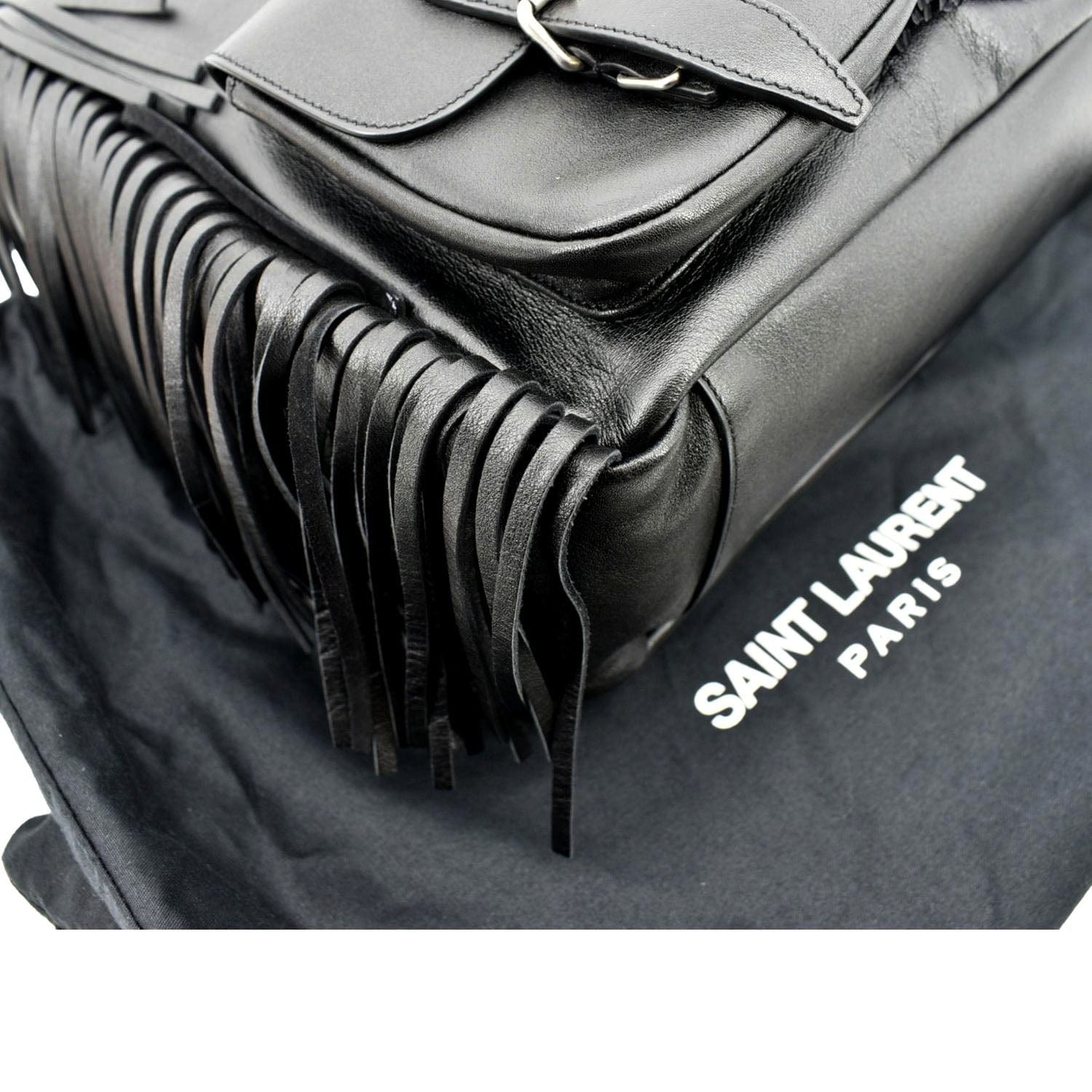YVES SAINT LAURENT Fringe Calfskin Leather Backpack Bag Black