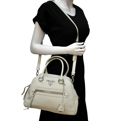 PRADA Front Pocket Leather Tote Shoulder Bag Ivory