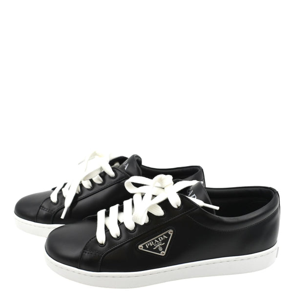 PRADA Logo Black And White Leather Sneakers Size 39 1/2