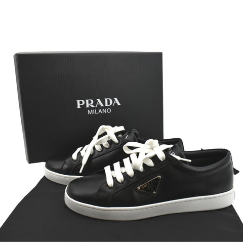 PRADA Logo Black And White Leather Sneakers Size 39 1/2