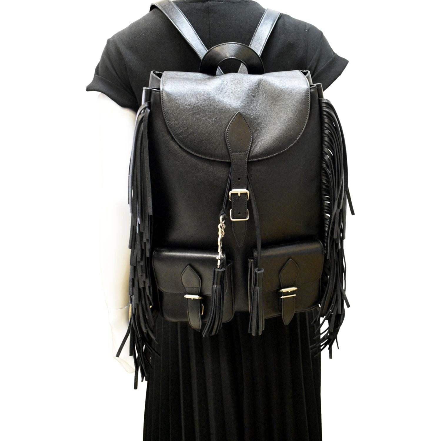 YVES SAINT LAURENT Fringe Calfskin Leather Backpack Bag Black YVES SAINT LAURENT Fringe Calfskin Leather Backpack Bag Black