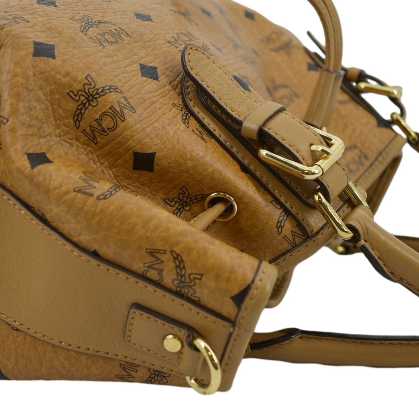 100% Authentic MCM Cognac Visetos Drawstrings Crossbody Bucket Bag + Dust  Bag