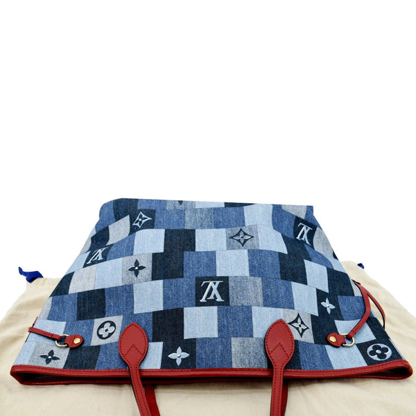 LOUIS VUITTON Neverfull MM Patchwork Monogram Denim Shoulder Bag Blue