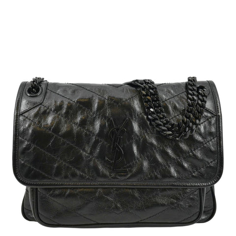 YVES SAINT LAURENT Niki Baby Crinkle Leather Shoulder Bag Black