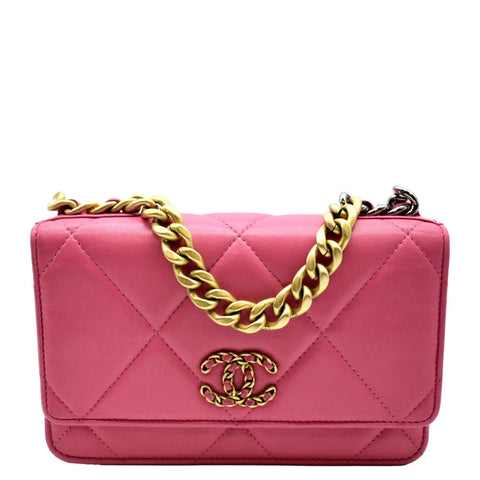 CHANEL19 CC WOC Quilted Leather Wallet On Chain Crossbody Bag Pink