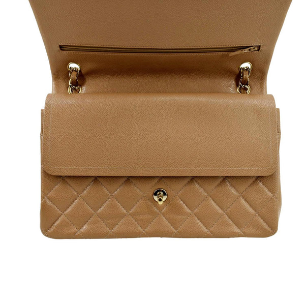 CHANEL Classic Jumbo Double Flap Quilted Caviar Leather Shoulder Bag Beige