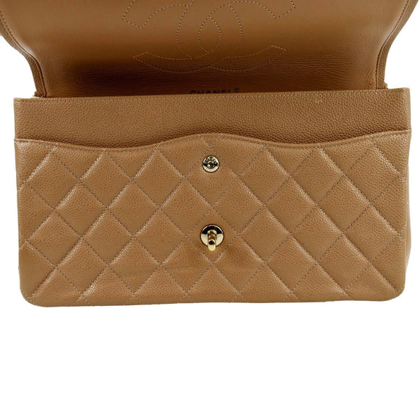 CHANEL Classic Jumbo Double Flap Quilted Caviar Leather Shoulder Bag Beige