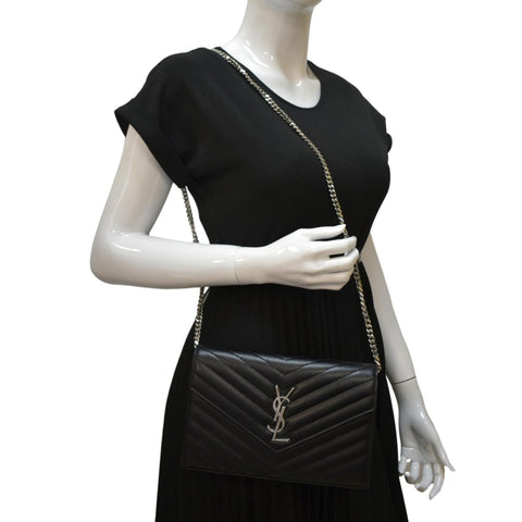 YVES SAINT LAURENT Cassandre Chain Wallet Leather Crossbody Bag Black