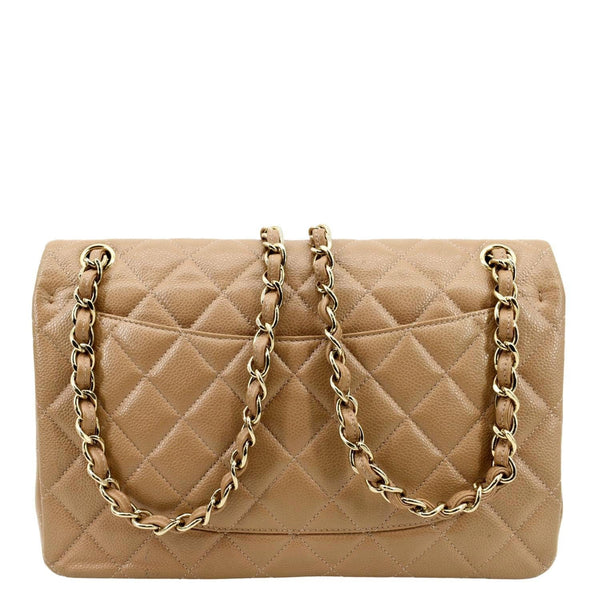 CHANEL Classic Jumbo Double Flap Quilted Caviar Leather Shoulder Bag Beige