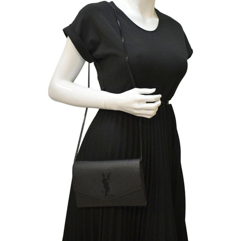 YVES SAINT LAURENT Uptown Gain De Poudre Embossed Leather Crossbody Chain Wallet Black