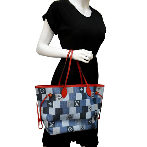 LOUIS VUITTON Neverfull MM Patchwork Monogram Denim Shoulder Bag Blue