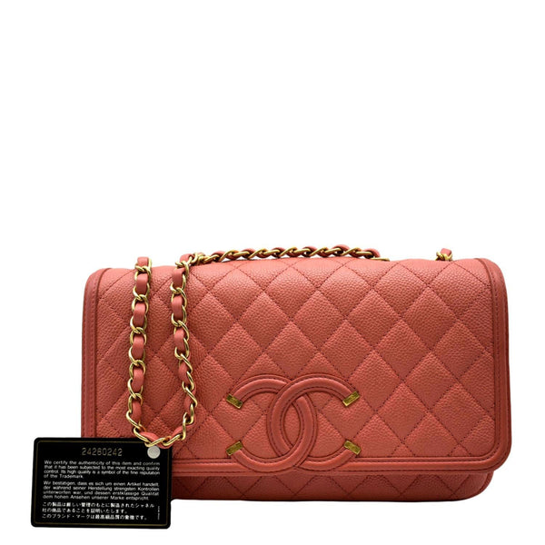 CHANEL CC Filigree Medium Flap Caviar Leather Crossbody Bag Pink