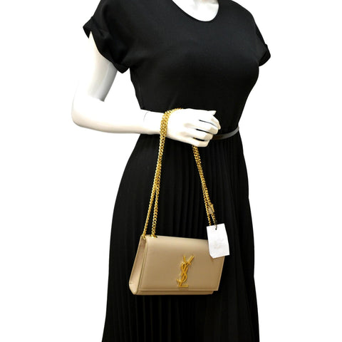 YVES SAINT LAURENT Kate Leather Chain Clutch Crossbody Bag Beige