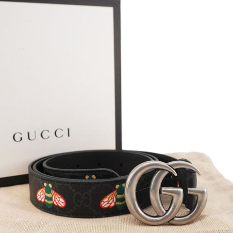 GUCCI Double G Buckle Marmont Bee Print Leather Belt Black 411516 Size 95.38