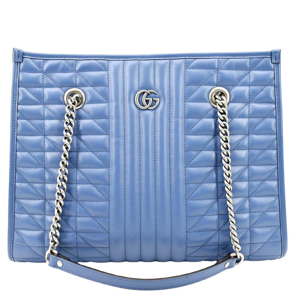 GUCCI GG Marmont Medium Metelasse Leather Tote Shoulder Bag Blue 675796