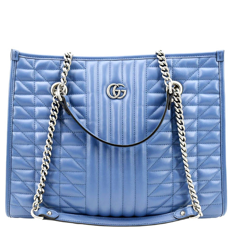 GUCCI GG Marmont Medium Metelasse Leather Tote Shoulder Bag Blue 675796
