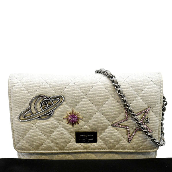 CHANEL Classic 2.55 Reissue Space Charm Quilted Canvas WOC Crossbody Bag Silver