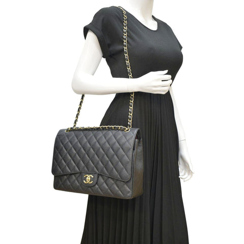 CHANEL Classic Maxi Flap Quilted Caviar Leather Shoulder Bag Black