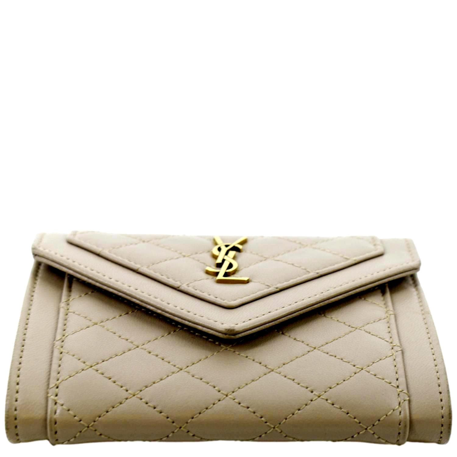 YVES SAINT LAURENT YSL Card Case Gaby Tri Fold Quilted Leather Dark Beige