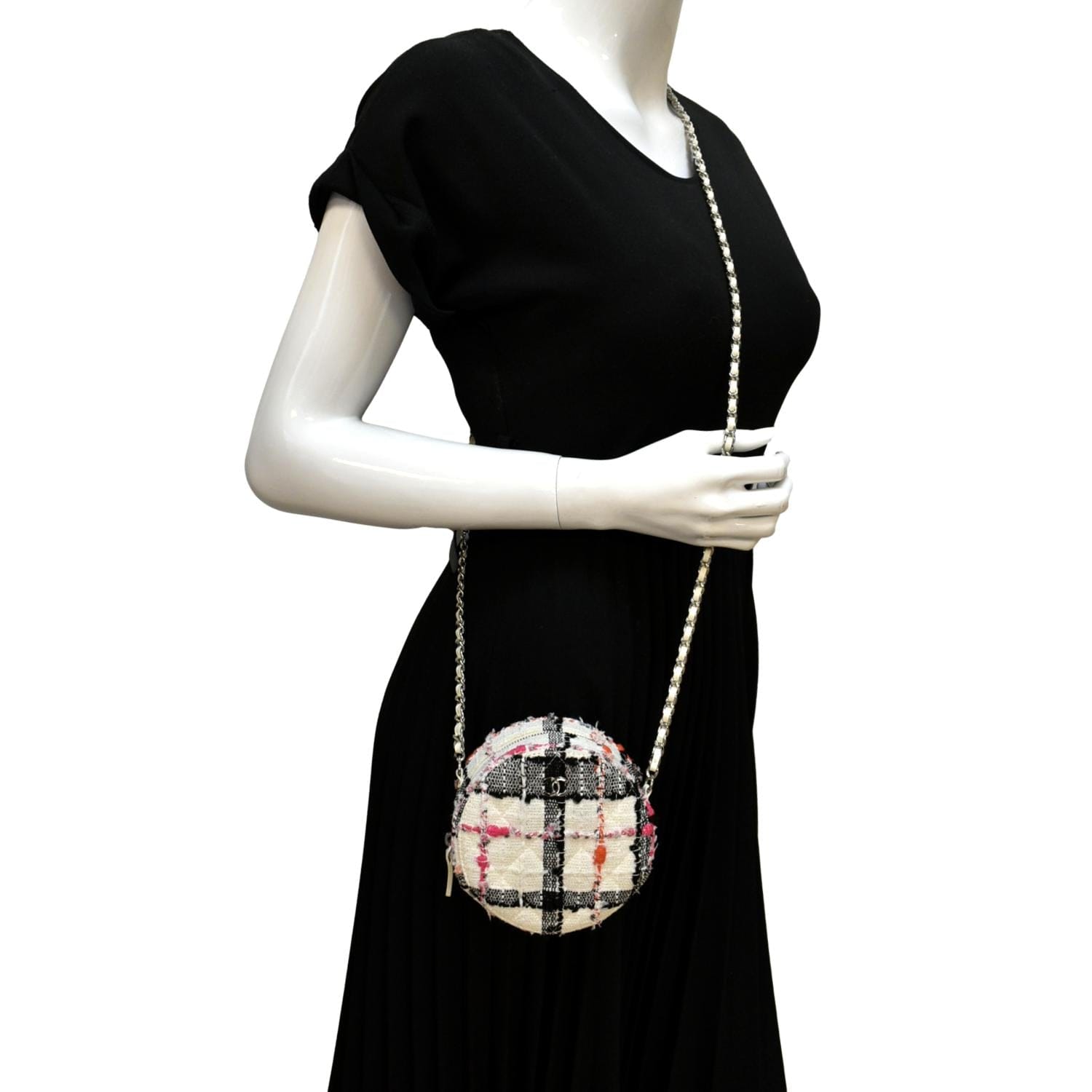 Chanel Round Clutch with Chain and Coin Purse Quilted Tweed with