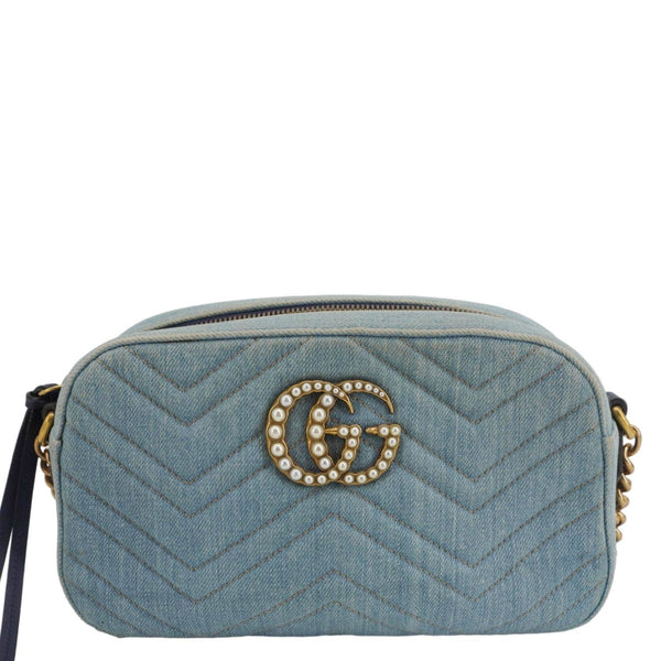 GUCCI Pearl GG Marmont Small Denim Crossbody Bag Blue 447632