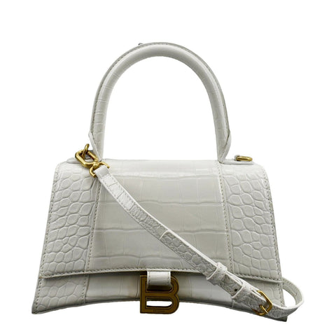 BALENCIAGA Small Hourglass Crocodile Embossed Top Handle Shoulder Bag White