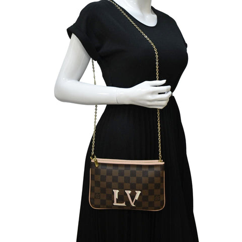 LOUIS VUITTON Double Zip Pochette Damier Ebene Crossbody Bag Rose Ballerine